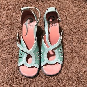 Vintage John Fluevog blue/green leather heels